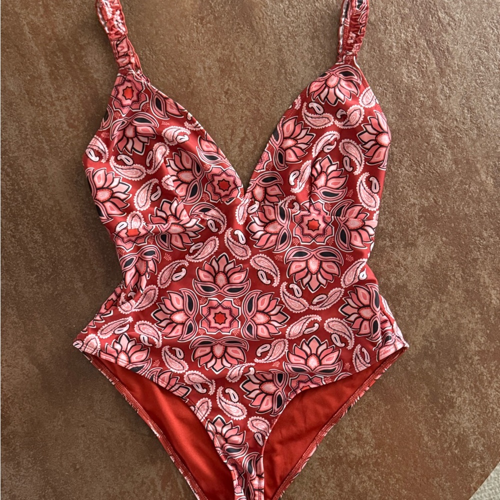 ASOS Red and Pink One Piece Swimsuit with Plunging V-neckline